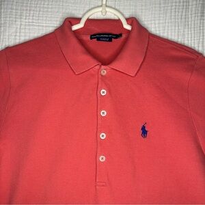 Ralph Lauren Women Salmon Pink Short Sleeve Polo Dress Blue Pony 100% Cotton L